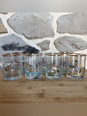 Vtg Ned Smith 14oz whiskey glasses-set of 7:grouse,wood duck,mallards,redheads